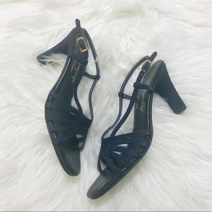 Amalfi Heels Strap Dressy Sandals Shoes Y2K Navy Blue Sz 6.5 Leather Soles Italy